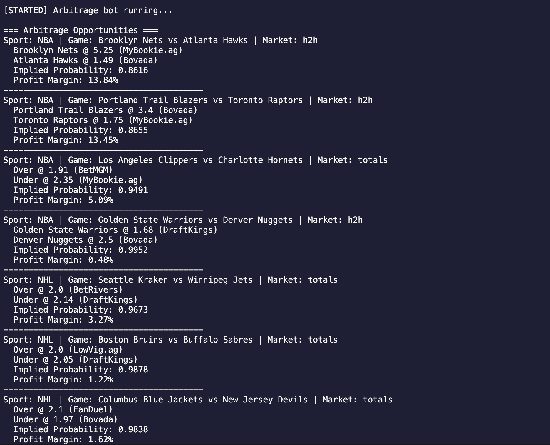 Arbitrage Bot output